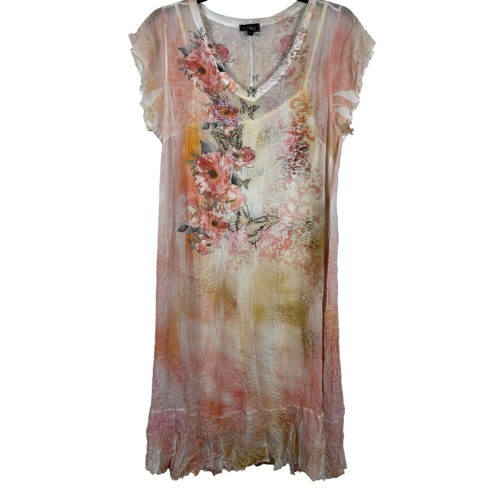 Fairycore Whimsical Butterfly Boho Floral Maxi Dress Crinkle Sheer Romantic XL